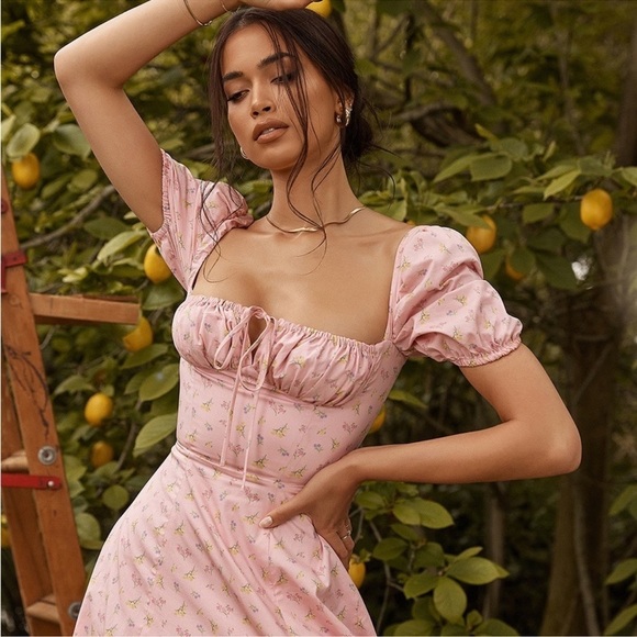 NWOT House of CB Pink Floral Tallulah Puff sleeves midi dress sz XS - Picture 4 of 10